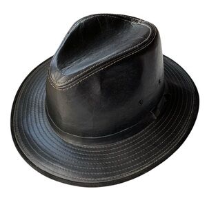Vintage Byrnes & Baker Black Leather Fedora Traveller Hat Mens Size Large